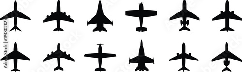 Airplane silhouettes collection, passenger jet aircraft top view shapes, aviation transport icons set, flight vector illustration isolated