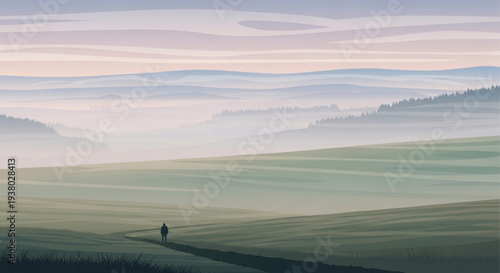Serene landscape with a lone figure walking through a vast foggy valley at sunrise or sunset surrounded by rolling hills and misty mountains