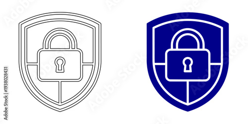 Shield with Padlock Icon Representing Data Protection Network Security Cyber Safety and Digital Privacy in Navy Blue Line Art and Solid Style Vector Graphics