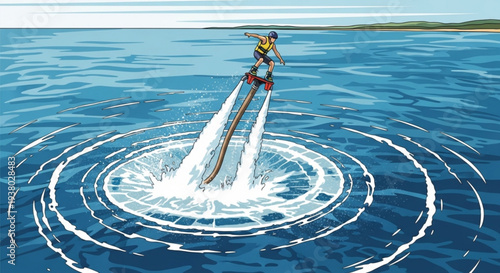 Person water skiing on a serene lake with concentric waves and a scenic shoreline in the background on a sunny day
