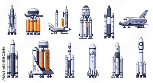 Collection of various rockets and spacecraft illustrations.