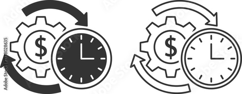 Time and money gear icons with interchangeable clock and currency symbols