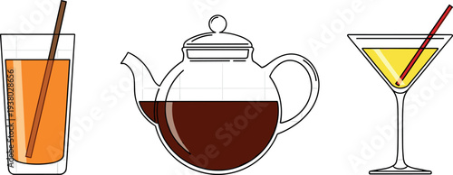 Beverage drinks collection with juice glass teapot with tea and cocktail martini glass simple outline vector illustration set