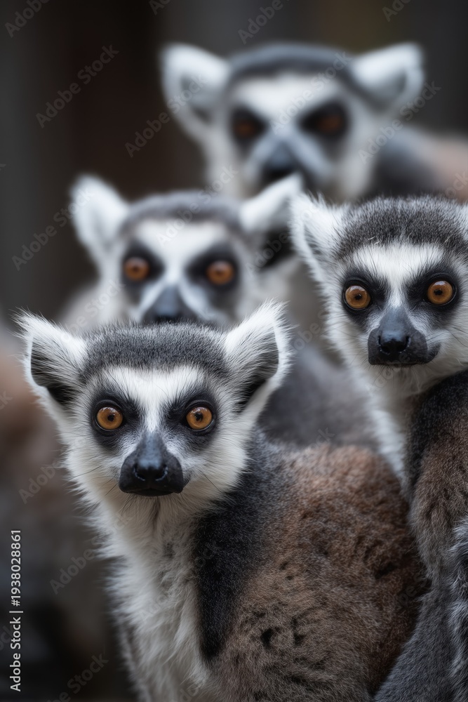 Fototapeta premium Toned ring-tailed lemur group, looking at the camera.