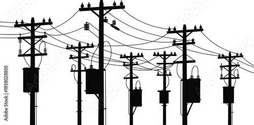 Utility pole silhouettes, electrical transformer vector, power line illustration, black infrastructure artwork, energy distribution design, public utility symbol, industrial network art