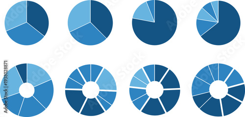 Blue pie chart and donut chart infographic set showing data visualization segments for business analytics statistics presentation dashboard and financial report design