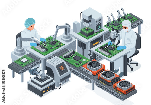 An automated assembly line shows workers assembling green circuit boards with robots conveyor belts and cooling fans