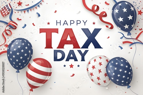 Happy Tax Day celebration with patriotic balloons and confetti