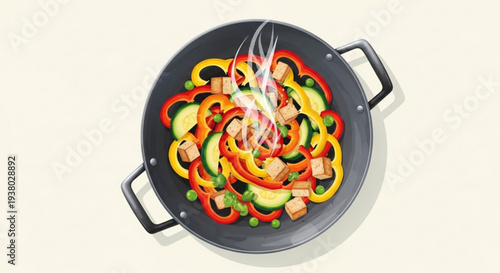 Colorful stir fry vegetables and meat cooking in a wok with flames healthy meal preparation