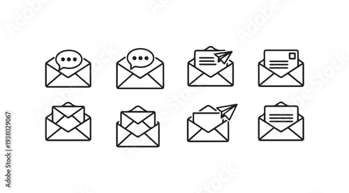 Email Icons Set: Message Send Inbox and Notification Symbols in Outline Style