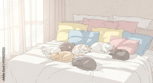 Many hamsters sleep on a large bed with colorful pillows in a cozy room with natural light