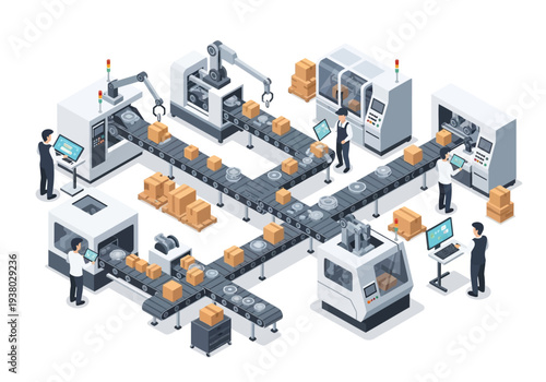 An isometric view depicts a factory with automated assembly lines machines robots conveyors boxes and workers