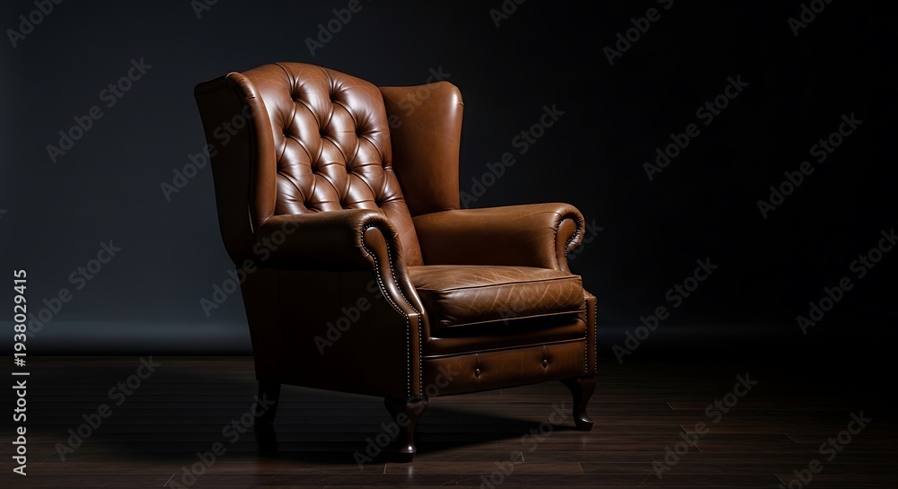 Naklejka premium Elegant Leather Armchair in Dark Room with Dramatic Lighting.
