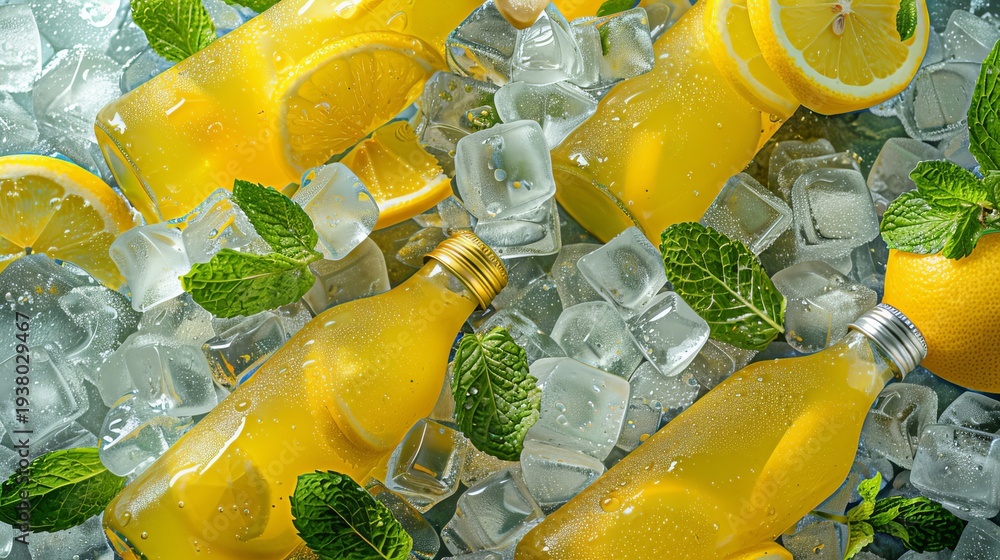 custom made wallpaper toronto digitalBottled lemonade on ice with fresh lemon slices and mint, perfect for summer refreshment vibes
