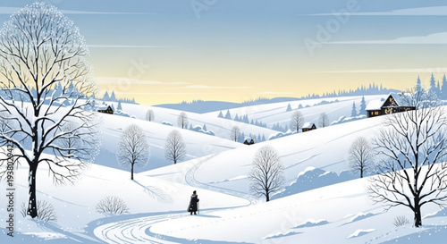 Serene snowy landscape with bare trees a winding road and a distant house at sunset