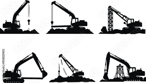 Construction excavator and crane silhouettes collection, heavy machinery digging equipment icons, industrial engineering vector illustration isolated set