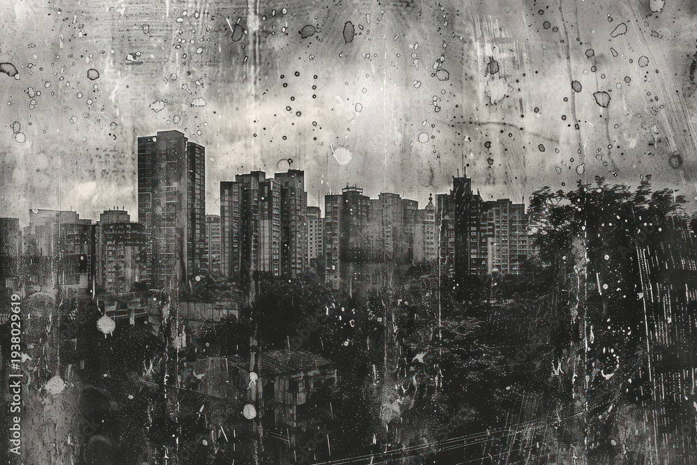 Fototapeta premium Raining at city of etching art architecture metropolis.