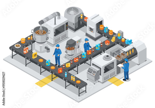 An isometric view of a food production line with machines conveyor belts workers and packaged products