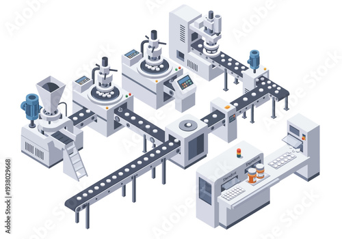 An isometric view of a pill manufacturing plant with various machines