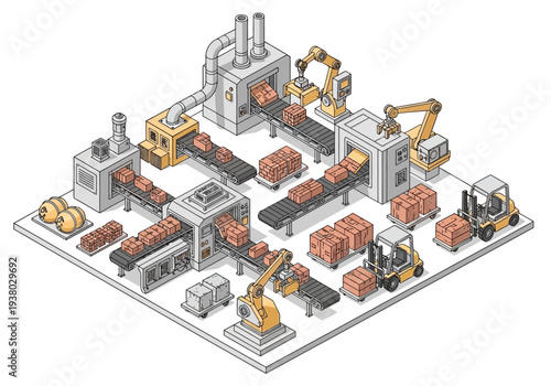 An isometric view of a packaging plant with conveyor belts machinery robots and forklifts