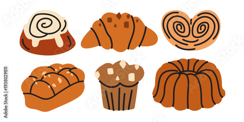 Cartoon baked pastry stickers set in cartoon style. Collection of hand drawn croissants, donuts, muffins, buns and bread. Sweet bakery products in warm brown colors for cafe menu and branding