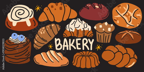 Bakery cartoon elements with various pastries, bread, croissants, muffins in doodle groovy style. French pastries for bakery menu design, stickers, labels, badges. Vector food illustration