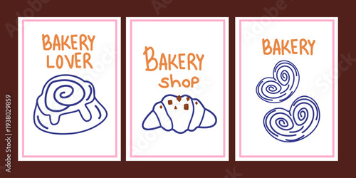 Set of minimalist bakery doodle posters set with bun, croissant and typography. Simple line art illustrations of pastries for modern cafe interior, wall art, wallpaper