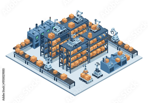 An isometric view of an automated warehouse with conveyor belts robots and storage racks filled with cardboard boxes