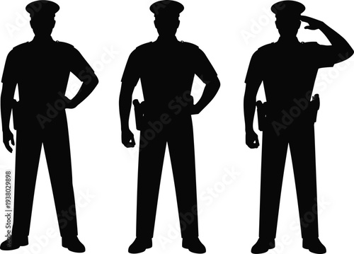 Police officer silhouette set with standing and saluting poses, law enforcement uniform figure vector illustration isolated on white