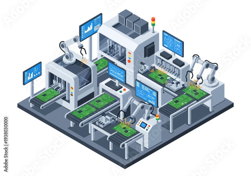 Automated factory assembly of circuit boards with robotic arms machinery and conveyor belts