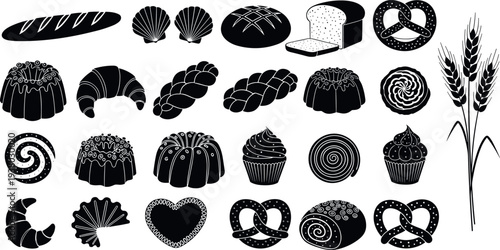 Bakery bread and pastry silhouette collection with baguette croissant pretzel cupcake wheat and sweet dessert icons vector illustration set