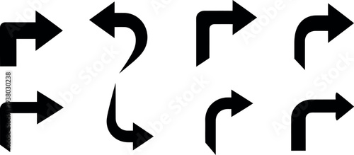 A collection of eight black arrows with varying curved shapes pointing in different directions on a white background with similar designs