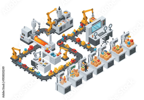 Illustration of a toy factory with robotic arms assembling toys on conveyer belts