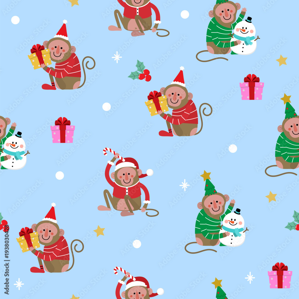 Fototapeta premium Merry Christmas and happy new year seamless pattern and background with cute monkey wear winter costume. Wallpaper of animal holidays cartoon character. -vector