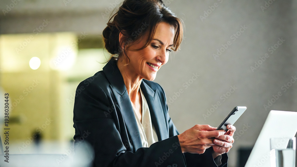 Obraz premium A mature woman in a blazer reads a phone in a modern office setting.