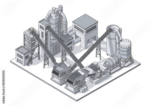 Industrial processing plant rendered in gray scale Conveyor belts silos and machinery dominate the scene