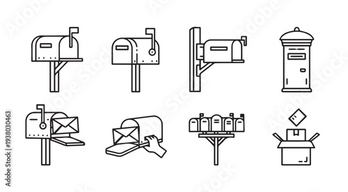 Mailbox Icons Set: Various Mailboxes and Delivery Concepts Line Art Style