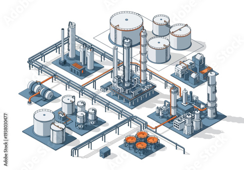 Industrial plant diagram with tanks pipes and structures