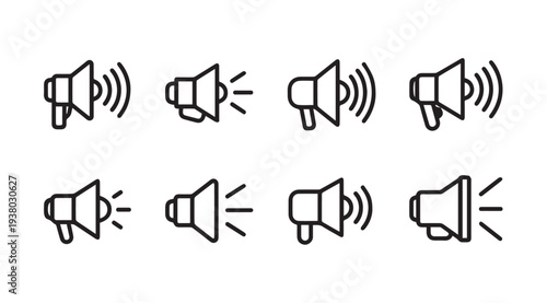 Megaphone Icons Set Sound Waves Announcement Symbols Communication Graphics