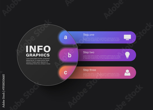 Vector workflow diagram for presentations, banners, flowcharts, business reports. Modern infographics design with dark glass effect