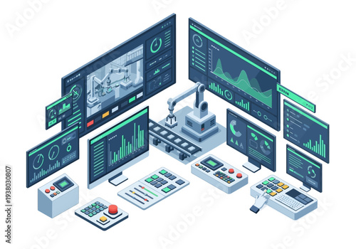 Isometric illustration of a robotic arm control panels monitors displaying data and industrial equipment