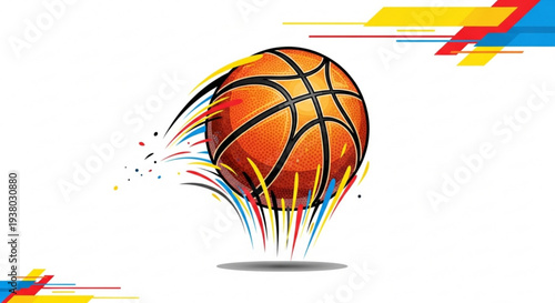 Vibrant orange basketball with dynamic motion lines and abstract colorful streaks on white background