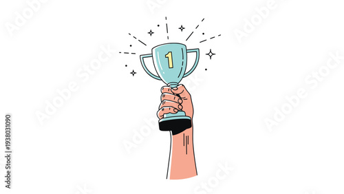 Hand-drawn illustration of a hand raised in victory, holding a sparkling first-place trophy cup to celebrate a big achievement.
