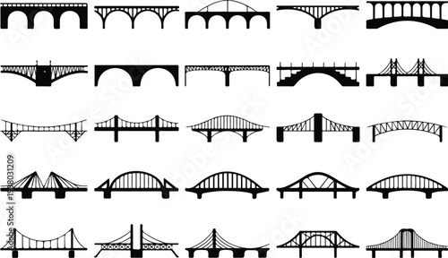 Bridge silhouette vector set with suspension arch and cable-stayed designs for urban planning travel and civil engineering graphics