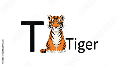 Children's alphabet learning card for the letter T, showcasing a cute tiger cub sitting in front of the letter and word 'Tiger'.