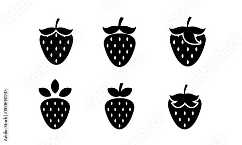 Set of Strawberry Icons: Black and White Vector Silhouettes of Fresh Berry Fruit