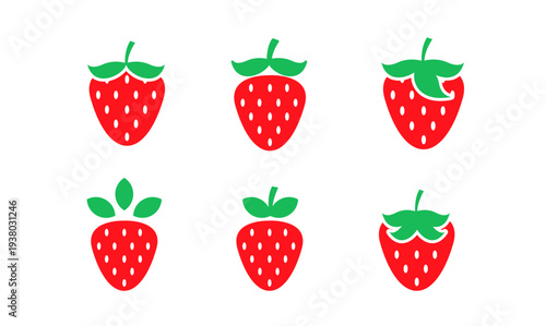 Set of six red strawberry icons with green leaves in a flat design style on a white background.