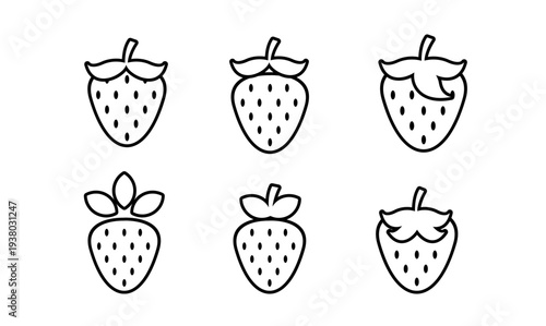 Strawberry Line Art Icons Set. Minimalist Outline Vector Illustrations of Fresh Strawberries.