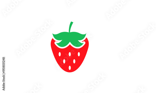 Simple Red Strawberry Icon with Green Stem and White Seeds on a White Background