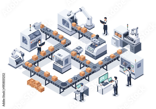 Isometric view of a factory assembly line with workers machines and conveyor belts Cardboard boxes are on the belts